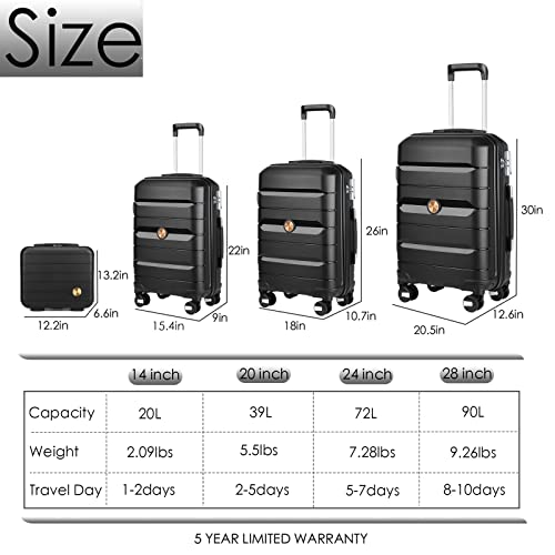 Somago 4 Pieces Luggage Set(14/20/24/28) PP Lightweight 4 Double Rolling Wheels Suitcase With TSA Lock & YKK Zipper Bussiness Trip (Black)