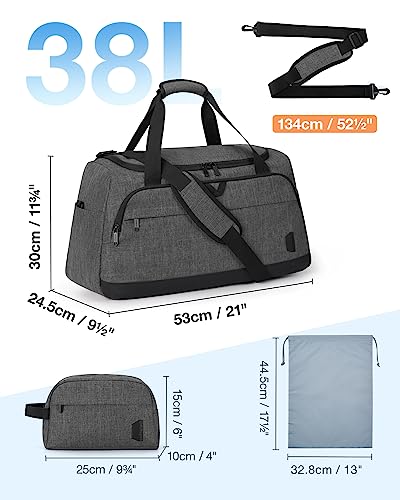 Gym Bags for Men Women, BAGSMART Duffle Bag for Travel Duffel Bags, Carry on Weekender Overnight Bag, Personal Item Travel Bag, Hospital Bags for Labor and Delivery, Shoes Bag, Grey-38L