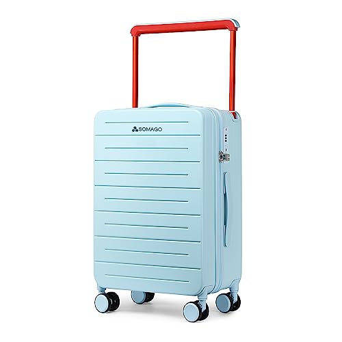 Somago 20 inch Carry On Luggage Wide Handle PC Hardside Rolling Bussiness Travel Suitcase With TSA Lock YKK Zipper&Silent Double Spinner Wheels(Blue)