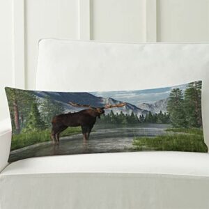 AIRMARK Animal Body Pillow Cover,A Bull Moose Stands in The Ankle deep Waters Printed Long Pillow Cases Protector with Zipper Decor Soft Large Covers Cushion for Beding,Couch,Sofa,Home Gift 20"x54"