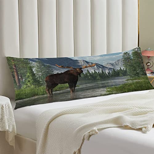 AIRMARK Animal Body Pillow Cover,A Bull Moose Stands in The Ankle deep Waters Printed Long Pillow Cases Protector with Zipper Decor Soft Large Covers Cushion for Beding,Couch,Sofa,Home Gift 20"x54"