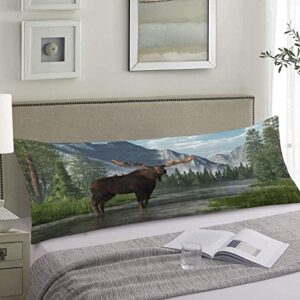 AIRMARK Animal Body Pillow Cover,A Bull Moose Stands in The Ankle deep Waters Printed Long Pillow Cases Protector with Zipper Decor Soft Large Covers Cushion for Beding,Couch,Sofa,Home Gift 20"x54"