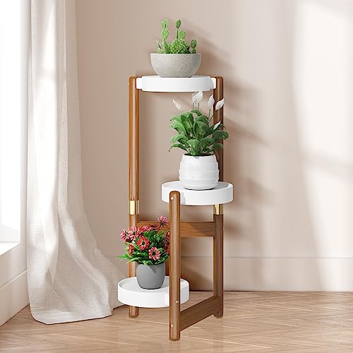 OERGKE Plant Stand Indoor Outdoor, 3 Tier Tall Wood Plant Shelf for Multiple Plants, Tiered Flower Pot Shelves Plant Holder for Patio Garden Corner Balcony Living Room Boho Deco (Walnut)