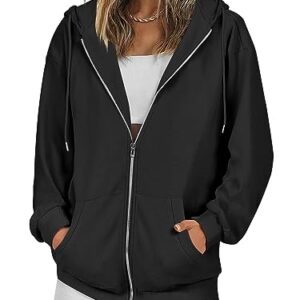 ANRABESS Women's Zip Up Hoodie Oversized Fall Sweatshirts Y2k Jacket Rib Knitted Casual Long Sleeve Shirts Comfy Clothes Black 931heise-XL