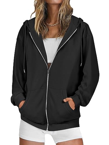 ANRABESS Women's Zip Up Hoodie Oversized Fall Sweatshirts Y2k Jacket Rib Knitted Casual Long Sleeve Shirts Comfy Clothes Black 931heise-XL