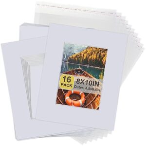 acid free 16 pack 8 x 10 white pre-cut picture mat board show kit for 5 x 7 photos,artworks,prints,includes 16pcs core bevel cut matts & 16 pcs backing board &16pcs clear bags