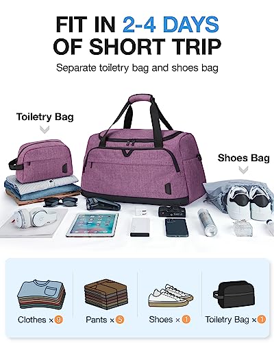 Weekender Bag for Women, BAGSMART 38L Carry on Overnight Bag, Gym Bag Personal Item Travel Bag with Trolley Sleeve, Shoe Bag, Purple-38L