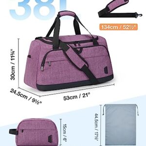 Weekender Bag for Women, BAGSMART 38L Carry on Overnight Bag, Gym Bag Personal Item Travel Bag with Trolley Sleeve, Shoe Bag, Purple-38L