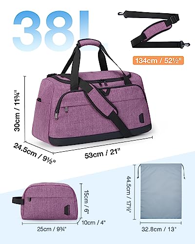Weekender Bag for Women, BAGSMART 38L Carry on Overnight Bag, Gym Bag Personal Item Travel Bag with Trolley Sleeve, Shoe Bag, Purple-38L