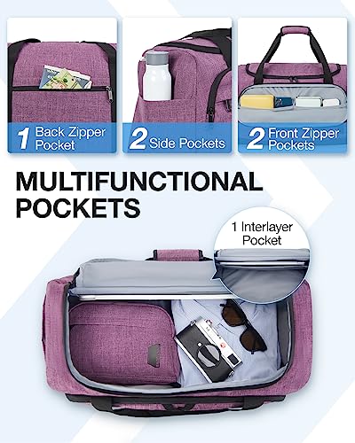 Weekender Bag for Women, BAGSMART 38L Carry on Overnight Bag, Gym Bag Personal Item Travel Bag with Trolley Sleeve, Shoe Bag, Purple-38L