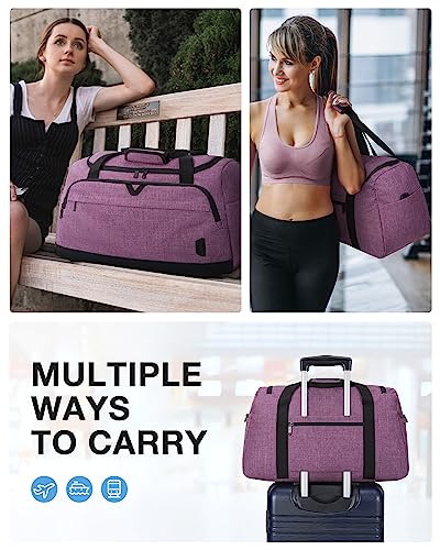 Weekender Bag for Women, BAGSMART 38L Carry on Overnight Bag, Gym Bag Personal Item Travel Bag with Trolley Sleeve, Shoe Bag, Purple-38L