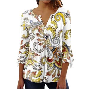 smidow summer tunic tops for women 2023 fashion 3/4 bell sleeve t-shirt bohemian floral henley shirts empire waist blouse