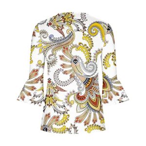 SMIDOW Summer Tunic Tops for Women 2023 Fashion 3/4 Bell Sleeve t-Shirt Bohemian Floral Henley Shirts Empire Waist Blouse