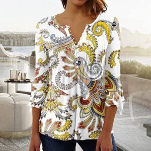 SMIDOW Summer Tunic Tops for Women 2023 Fashion 3/4 Bell Sleeve t-Shirt Bohemian Floral Henley Shirts Empire Waist Blouse