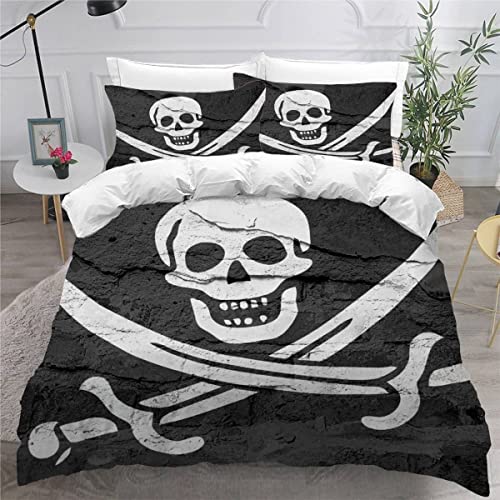 Quilt Cover Queen Size Pirate Flag 3D Bedding Sets Skull Duvet Cover Breathable Hypoallergenic Stain Wrinkle Resistant Microfiber with Zipper Closure,beding Set with 2 Pillowcase