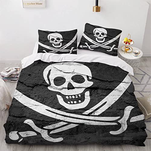 Quilt Cover Queen Size Pirate Flag 3D Bedding Sets Skull Duvet Cover Breathable Hypoallergenic Stain Wrinkle Resistant Microfiber with Zipper Closure,beding Set with 2 Pillowcase