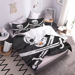 Quilt Cover Queen Size Pirate Flag 3D Bedding Sets Skull Duvet Cover Breathable Hypoallergenic Stain Wrinkle Resistant Microfiber with Zipper Closure,beding Set with 2 Pillowcase