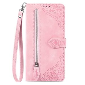 huangtaoli pu leather handbag cover case for oppo reno4 z 5g, magnet closure zipper wallet case for oppo reno4 z 5g pink