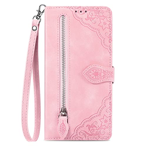 HUANGTAOLI PU Leather Handbag Cover Case for Oppo Reno4 Z 5G, Magnet Closure Zipper Wallet Case for Oppo Reno4 Z 5G Pink