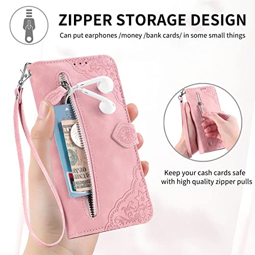 HUANGTAOLI PU Leather Handbag Cover Case for Oppo Reno4 Z 5G, Magnet Closure Zipper Wallet Case for Oppo Reno4 Z 5G Pink