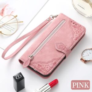 HUANGTAOLI PU Leather Handbag Cover Case for Oppo Reno4 Z 5G, Magnet Closure Zipper Wallet Case for Oppo Reno4 Z 5G Pink