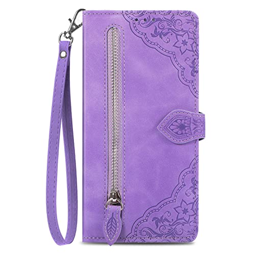 HUANGTAOLI Case for Oppo A53, Zipper Wallet Pocket Magnet Closure Kickstand Handbag Phone Case for Oppo A53 Purple