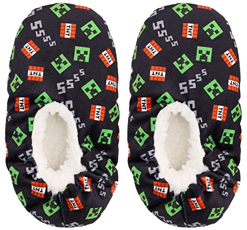 Minecraft Sock Slippers for Kids, Allover Creeper Video Game Print, Black, Size Large (1-4 Big Kid)