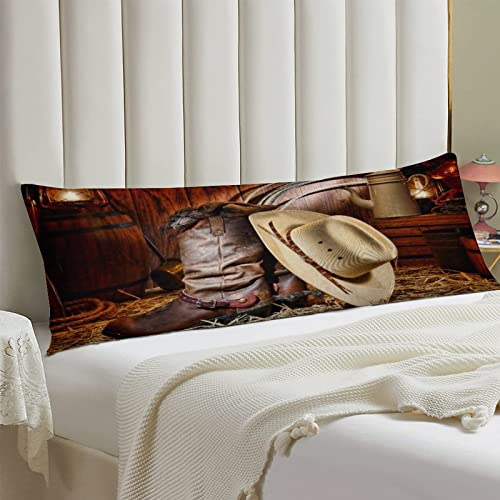 Body Pillow Cover,American Western Rodeo Cowboy White Straw Hat Leather Boots Printed Long Pillow Cases Protector with Zipper Decor Soft Large Covers Cushion for Beding,Couch,Sofa,Home Gift 20"x54"