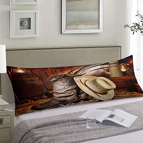 Body Pillow Cover,American Western Rodeo Cowboy White Straw Hat Leather Boots Printed Long Pillow Cases Protector with Zipper Decor Soft Large Covers Cushion for Beding,Couch,Sofa,Home Gift 20"x54"