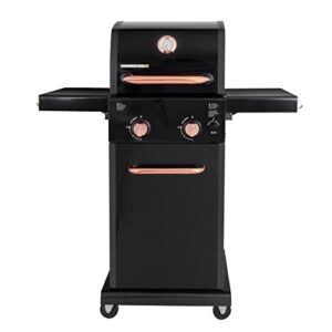 permasteel 2-burner gas grill, foldable side tables, grilling tool hooks, propane gas barbecue grill, black with copper accent