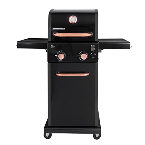 Permasteel 2-Burner Gas Grill, Foldable Side Tables, Grilling Tool Hooks, Propane Gas Barbecue Grill, Black with Copper Accent