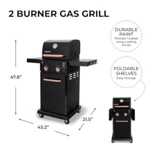 Permasteel 2-Burner Gas Grill, Foldable Side Tables, Grilling Tool Hooks, Propane Gas Barbecue Grill, Black with Copper Accent