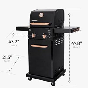 Permasteel 2-Burner Gas Grill, Foldable Side Tables, Grilling Tool Hooks, Propane Gas Barbecue Grill, Black with Copper Accent