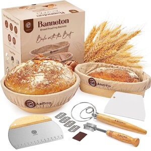 sourdough bread baking supplies and proofing baskets, a complete bread making kit including 10" round & 11" oval rattan bannetons, bread lame, bowl & dough scrapers, danish whisk and linen liners