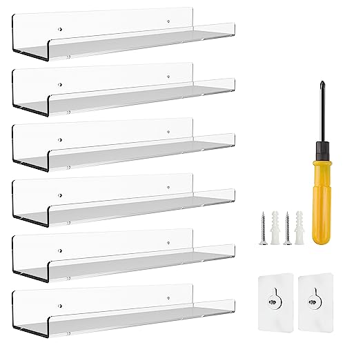 BTSD-home 6 Pack 15'' Clear Acrylic Shelves for Wall, Acrylic Wall Shelves Invisible Mounted Display Ledge Kids Bookshelf for Bathroom, Living Room, Bedroom, Kitchen, Study