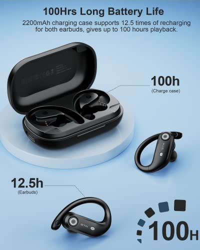 STADOR True Wireless Earbuds Bluetooth Headphones 100hrs Playback with Microphone Ear Hook in-Ear Buds Waterproof Earphones for Sports (Black)