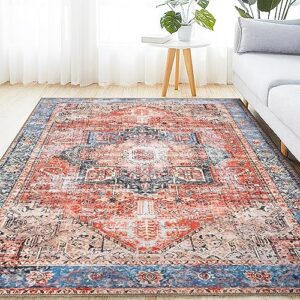 rocyjulin 5x7 area rugs for living room, machine washable vintage rugs for bedroom, none slip persian carpet for dining room under table, low pile soft oriental rug, orange/red