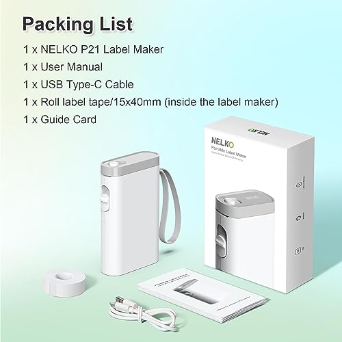 Nelko Label Maker Machine with Tape, P21 Portable Bluetooth Label Printer, Wireless Built-in Cutter Sticker Maker Mini Label Makers with Multiple Templates for Organizing Storage Office Home, White