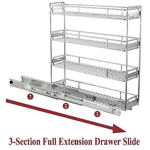 OCG 4-Tier Pull Out Kitchen Cabinet Spice Rack Holder Shelves (8" W x 21" D), Slide Out Slim Storage Wire Baskets for Storage Organization, Narrow Pull Out Storage for Narrow Space