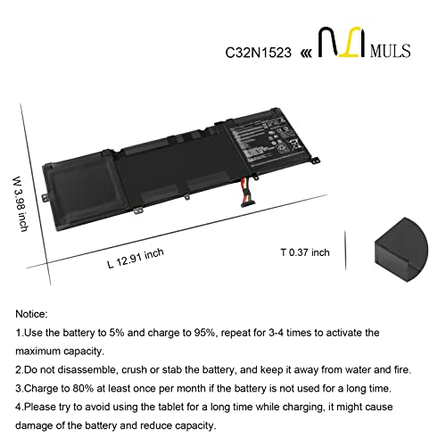 MULS 96Wh C32N1523 Laptop Battery Replacement for ASUS Zenbook Pro N501L UX501VW-F1020 UX501VW-FY010T UX501VW-FY057R UX501VW-FY102R UX501VW-DS71T ROG G501VW-FI014T ROG G501VW-FI023R C32NI523 8422mAh