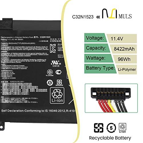 MULS 96Wh C32N1523 Laptop Battery Replacement for ASUS Zenbook Pro N501L UX501VW-F1020 UX501VW-FY010T UX501VW-FY057R UX501VW-FY102R UX501VW-DS71T ROG G501VW-FI014T ROG G501VW-FI023R C32NI523 8422mAh