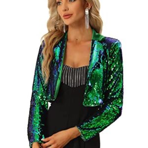 Allegra K Open Front Cardigan for Women's Notched Lapel Cropped Party Club Sparkly Sequin Blazer Medium Green