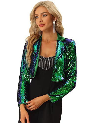 Allegra K Open Front Cardigan for Women's Notched Lapel Cropped Party Club Sparkly Sequin Blazer Medium Green