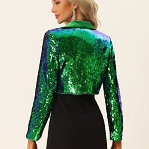 Allegra K Open Front Cardigan for Women's Notched Lapel Cropped Party Club Sparkly Sequin Blazer Medium Green