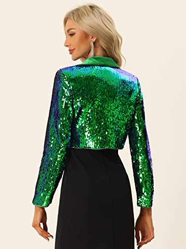 Allegra K Open Front Cardigan for Women's Notched Lapel Cropped Party Club Sparkly Sequin Blazer Medium Green