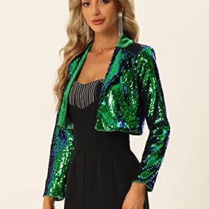 Allegra K Open Front Cardigan for Women's Notched Lapel Cropped Party Club Sparkly Sequin Blazer Medium Green