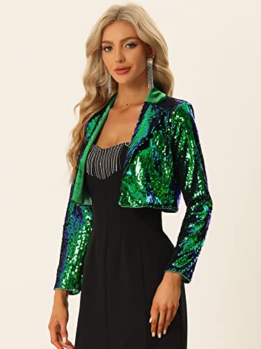 Allegra K Open Front Cardigan for Women's Notched Lapel Cropped Party Club Sparkly Sequin Blazer Medium Green