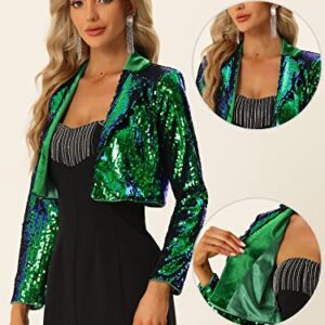 Allegra K Open Front Cardigan for Women's Notched Lapel Cropped Party Club Sparkly Sequin Blazer Medium Green