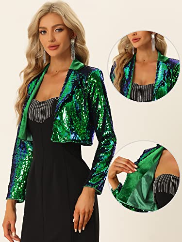 Allegra K Open Front Cardigan for Women's Notched Lapel Cropped Party Club Sparkly Sequin Blazer Medium Green