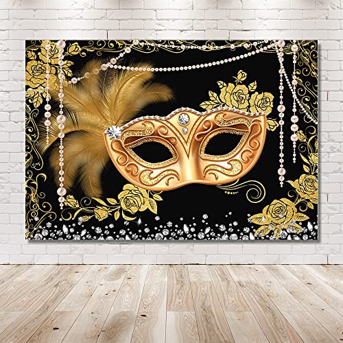 MEHOFOND Masquerade Ball Backdrop Black Gold Masquerade Party Photography Background Mardi Gras Carnival Costume Party Decorations Sweet 16 Dress-Up Banner Supplies Photo Studio Props 8x6ft